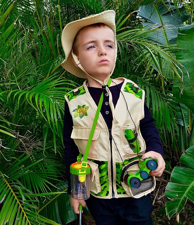 Bug Hunting Kit, Green Safari Vest, Hat, Binoculars, Lg. Butterfly Net, Bug Container, Whistle, Flashlight, Magnifier, Thermostat, Compass, Age 3+-CubbioJoy
