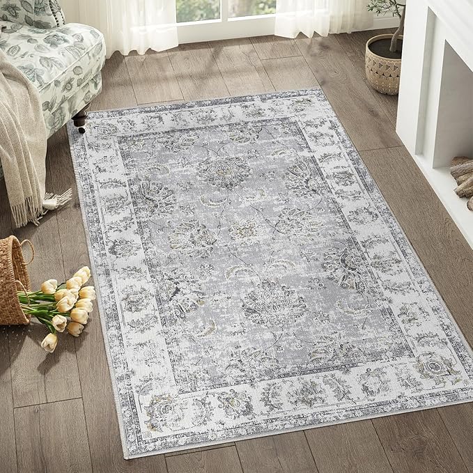 jinchan Floral 3x5 Area Rugs for Entryway - Machine Washable Taupe Vintage Distressed Design Doormat Non-Slip Ultra-Thin Low Pile Boho Rug for Kitchen Living Room Bedroom Farmhouse (3‘x5',Grey)-CubbioJoy