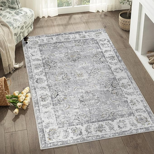 jinchan Floral 3x5 Area Rugs for Entryway - Machine Washable Taupe Vintage Distressed Design Doormat Non-Slip Ultra-Thin Low Pile Boho Rug for Kitchen Living Room Bedroom Farmhouse (3‘x5',Grey)-CubbioJoy