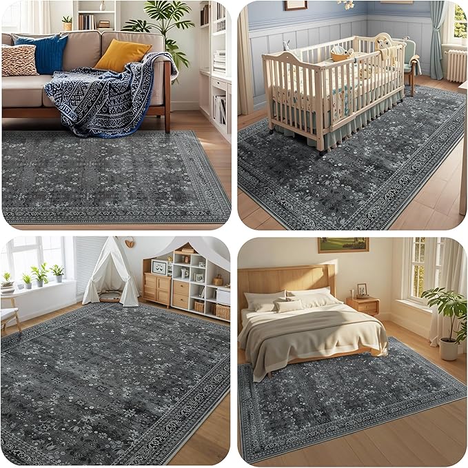 5x7 Machine Washable Area Rug for Living Room Bedroom, Vintage Kitchen Rugs Non Slip, Traditional Indoor Floor Floral Print Carpet for Dining Room, Farmhouse, Office Classroom Black/Gray-CubbioJoy