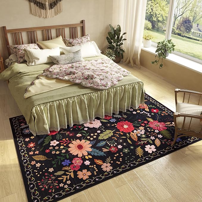 5x7 Washable Rug for Living Room, Floral Black Area Rug, Non Slip Low Pile Soft Flower Carpet, Large Rugs for Bedroom, Dining Room, Office, Kids Playroom, Nursery-CubbioJoy