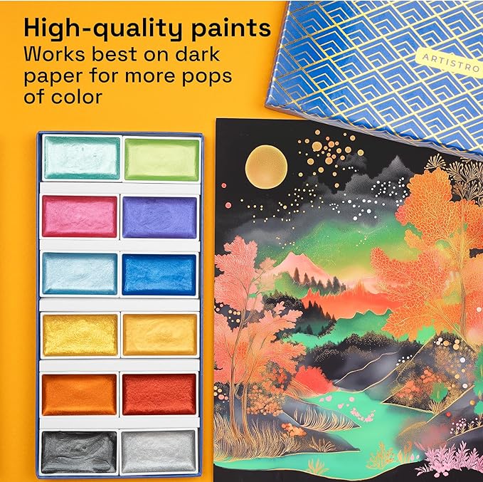 ARTISTRO Professional Metallic Watercolor Paint Set for Adults - 12 Pigment-Rich Metallic Colors, XL Pans, ASTM-I Lightfastness, High Tinting Strength Watercolor Set for Professionals made by professionals-CubbioJoy