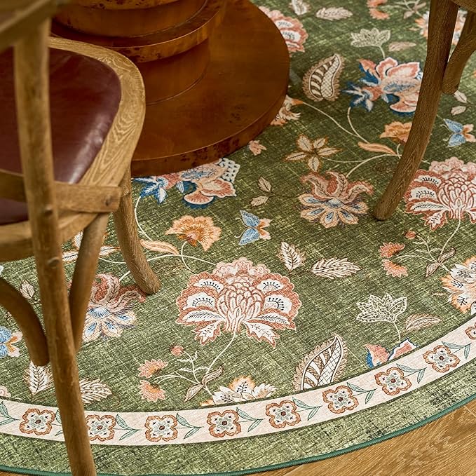 jinchan 7ft Floral Round Rug for Dining Room Washable Living Room Rug Vintage Romance Design Non Slip Indoor Floor Cover Lightweight Low-Profile Throw Carpet for Bedroom Porch Patio, Green-CubbioJoy