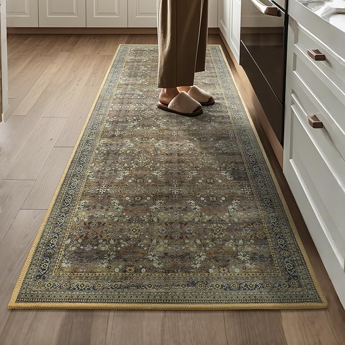 2x6 Washable Kitchen Runner Rug for Hallways, Non Slip Laundry Runners for Bathroom, Low Pile Rubber Backed Rugs for Entryway, Vintage Floral Carpet for Living Room Bedroom Brown/Yellow-CubbioJoy