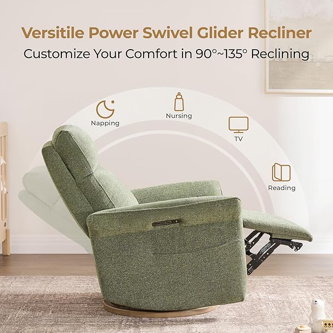 CHITA Power Recliner Chair, Electric Triple-Motor Swivel Glider Nursery Rocking Chair with Adjustable Power Headrest and Lumbar Support, GREENGARD Gold Certified, Solid Wood Base, Forest Green-CubbioJoy