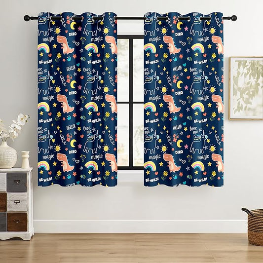 100% Blackout Curtains for Kids - Adorable Dinosaur & Unicorn Pattern, 2Panels, Each W52xL63, Thermal Insulated Noise-Reducing Drapes for Nursery, Bedroom, Playroom - Fun & Colorful Design-CubbioJoy