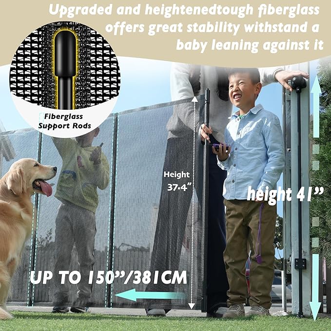 150" Extra Wide Retractable Baby Gates Dog Gate for Large Opening, 41" Extra Tall Mesh Pet Gate, Long Child Safety Gates with Fiberglass Rods for Stairways, Doorways, Hallways - Indoor/Outdoor Use-CubbioJoy