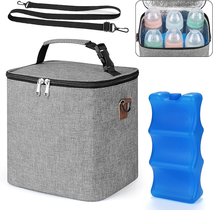 Accmor Breastmilk Cooler Bag with Ice Pack, Baby Bottle Cooler Bags, Insulated Bottle Cooler Tote Bags On The Go, Fits 6 Large 9oz Bottles, for Nursing Mom Daycare Travel, Grey-CubbioJoy