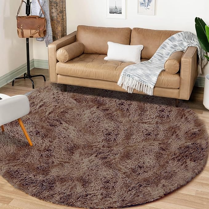 4FT Round Rug for Bedroom: Fluffy Shag Soft Washable Rugs Circle Small Fuzzy Plush Indoor Carpet for Living Room Nursery Playroom Dorm Kids Girls Boys Room (Coffee, 4'x4')-CubbioJoy
