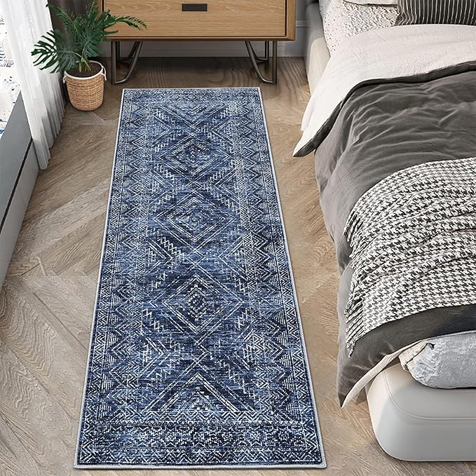COZYLOOM Washable Runner Rug 2x6 Vintage Non Slip Low Pile Rug Soft Throw Floor Cover Geometric Tribal Foldable Indoor Carpet for Living Room Bedroom Playroom Nursery, Blue-CubbioJoy
