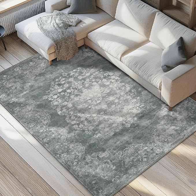 jinchan Vintage Floral 5x7 Area Rugs - Machine Washable Distressed Design Soft Ultra-Thin Low-Pile Non-Slip Carpet for Kitchen Bedroom Nursery Living Room Dining Room Home Office (5x7ft,Grey)-CubbioJoy