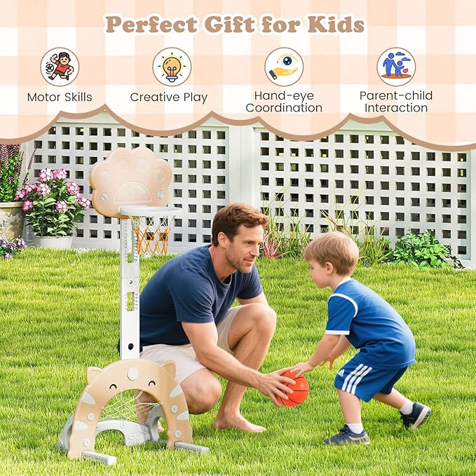 Costzon 3 in 1 Toddler Basketball Hoop, Height Adjustable Kids Sports Center w/Foldable Basketball, Soccer & Golf Game, Indoor Outdoor Activity Playset w/Foldable Rim, Gift for Children Baby Infant-CubbioJoy