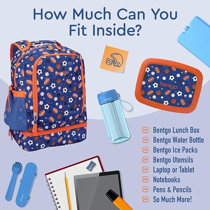 Bentgo Kids 2-in-1 Backpack & Insulated Lunch Bag - Durable 16” Backpack & Lunch Container in Unique Prints for School & Travel - Water Resistant, Padded & Large Compartments (Sports)-CubbioJoy