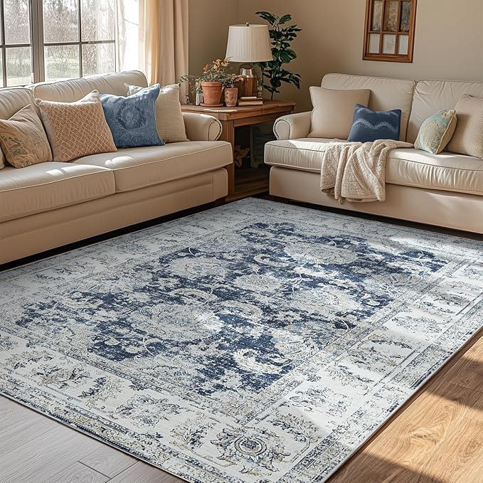 jinchan Vintage Floral 5x7 Area Rugs for Bedroom - Machine Washable Distressed Design Stain Resistant Boho Carpet Ultra-Thin Low Pile Non-Slip Rug for Living Room Dining Room Kitchen (5‘x7',Dark Blue)-CubbioJoy