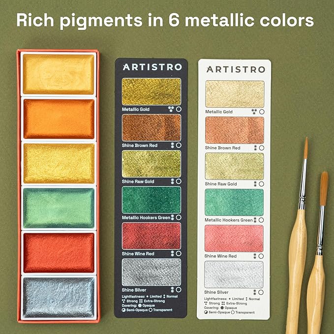 ARTISTRO Professional Metallic Watercolor Paint Set for Adults - 6 Pigment-Rich Metallic Colors, XL Pans, ASTM-I Lightfastness, High Tinting Strength Watercolor Set for Professionals made by professionals-CubbioJoy