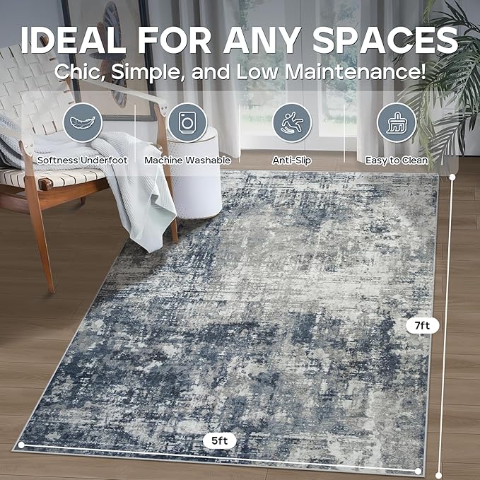 5x7 Area Rugs for Living Room Rug Washable: Modern Rug for Dining Room Bedroom Carpet Non Slip Low Pile 5 by 7 Indoor Abstract Nursery Home Office Blue Grey-CubbioJoy
