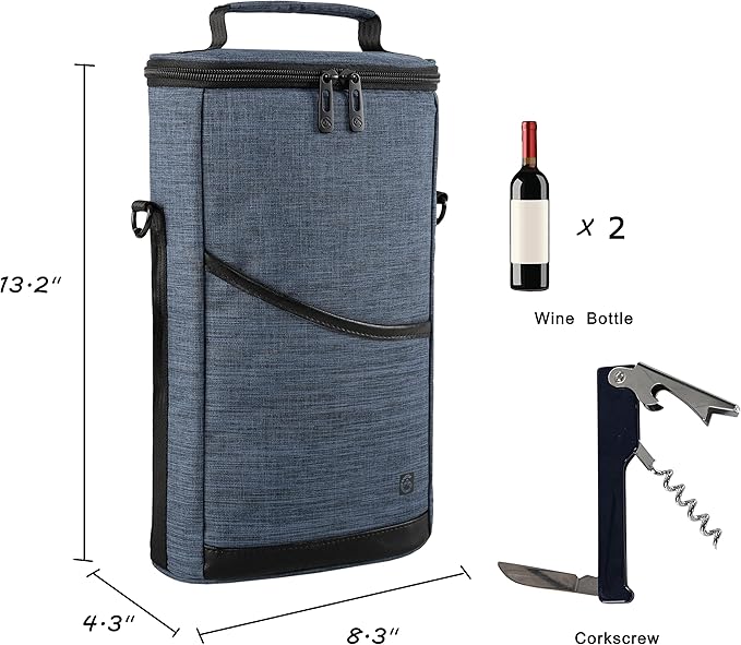 ALLCAMP 2 Bottle Wine Tote Carrier - Insulated Portable Padded Canvas Wine Bag for Travel, BYOB Restaurant, Wine Tasting, Party, Great Christmas Day Gift for Wine Lover，Blue-CubbioJoy