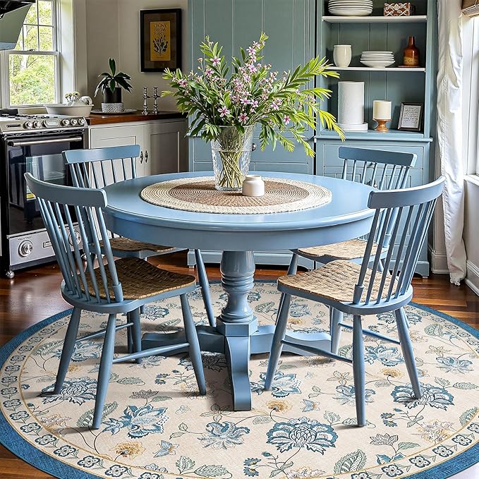 jinchan 7ft Floral Round Rug for Dining Room Washable Living Room Rug Vintage Romance Design Non Slip Indoor Floor Cover Lightweight Low-Profile Throw Carpet for Bedroom Porch Patio, Blue/Beige-CubbioJoy