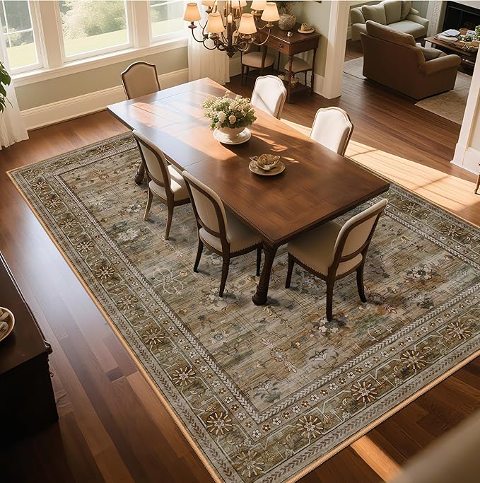 4x6 Area Rug for Bedroom Machine Washable, Non Slip Vintage Floral Kitchen Rugs for Dining Room, Low Pile Indoor Floor Print Carpet for Nursery Farmhouse Home Office Olive/Charcoal-CubbioJoy