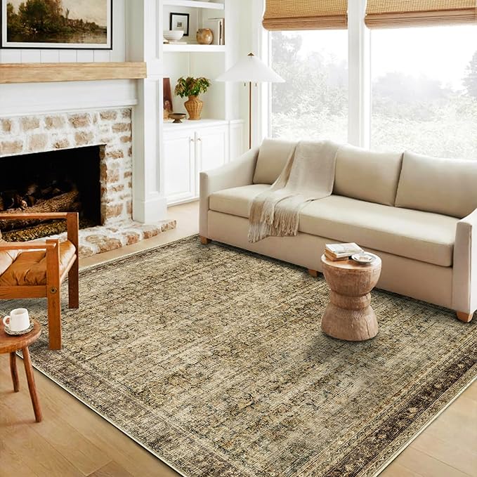 Area Rug 4x6 Washable Rug Brown Vintage Traditional Floor Cover Foldable Thin Retro Kitchen Accent Indoor Distressed Non Slip Carpet Floral Print Mat Bedroom Living Room-CubbioJoy
