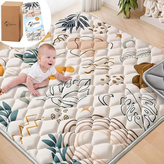 Baby Play Mats for Floor, 50x50 Playpen Mat for Babies, Extra Thicker & Soft Floor Crawling Mat, Foldable Non-Slip Playmat Cushioned for Infants Toddlers, Boho Leaf Style-CubbioJoy