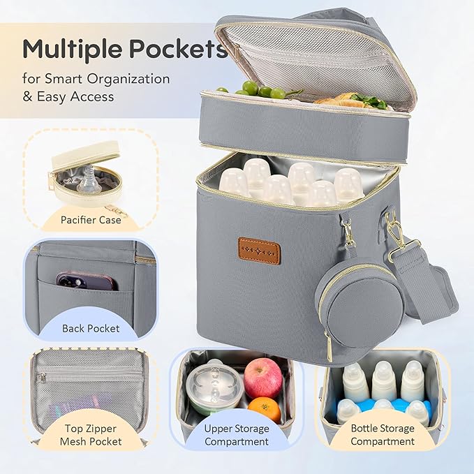 Breastmilk Cooler Bag with Ice Pack & Pacifier Case, Large Double Layer Insulated Baby Bottle Cooler Fits 6 Bottles, Breast Pump Storage Bag for Working Nursing Moms, with Gift Box-CubbioJoy