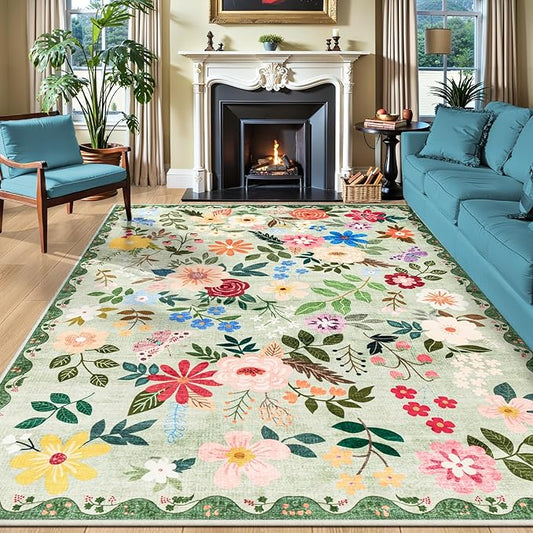 8x10 Area Rugs for Living Room: Floral Washable Rug Vintage Large Soft Boho Non-Slip Carpet Indoor Stain Resistant Low Pile Carpets for Bedroom Dining Room Farmhouse Nursery Hallway Home Office Green-CubbioJoy