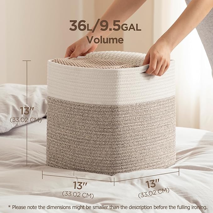 joybest Cube Storage Bins Set of 4, 13inch Cube Baskets Organizer for Nursery, Square Cotton Rope Baskets for Shelves Organizing, Kids Toy, Closet Storage, Brown and Cream White-CubbioJoy