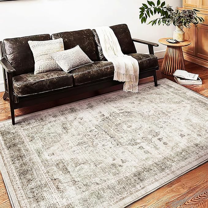 Area Rug 5'x7' Washable Rug Floral Khaki Traditional Floor Cover Thin Retro Kitchen Indoor Distressed Non Slip Carpet for Living Room Bedroom Dining Room-CubbioJoy