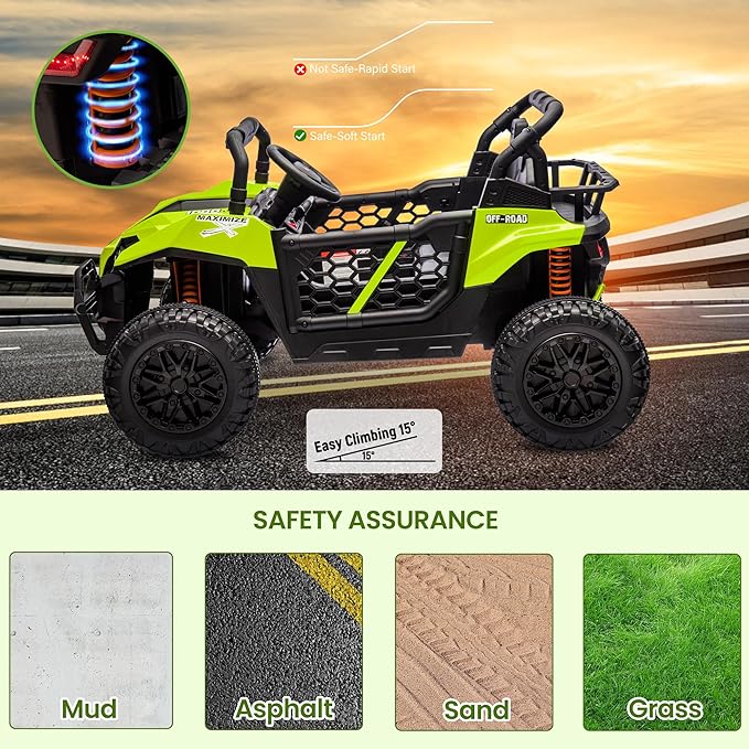 24V 2 Seater Ride On Car Truck, Power Wheels Kids UTV w/Parent Remote Control, 3.1 MPH Max Speed, Music Player, LED Lights & Storage, Electric Vehicle Ride On Toy for Kids Toddler Ages 3-8, Green-CubbioJoy