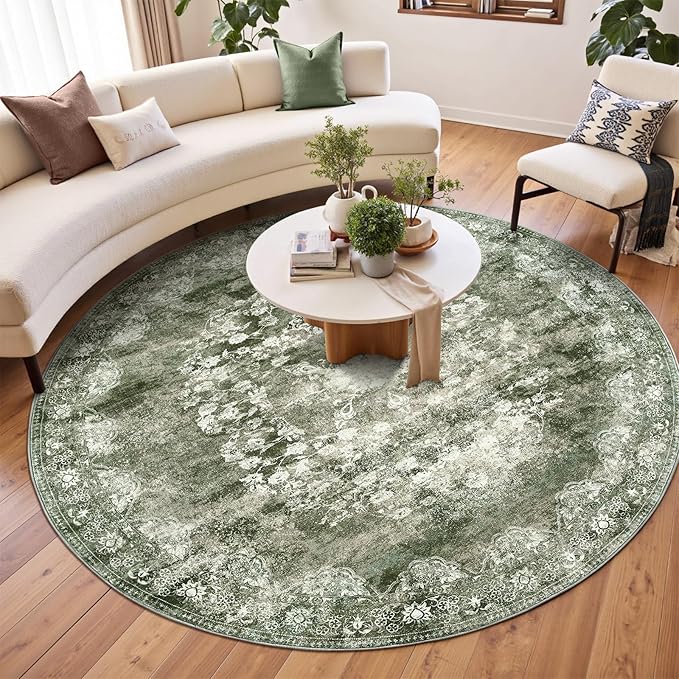 jinchan Round Rug 7ft Area Rug - Green Vintage Floor Mat Kitchen Indoor - Washable Circle 7' Thin Floral Print Carpet Retro Farmhouse Non Slip Dining Room Living Room Bedroom Office-CubbioJoy