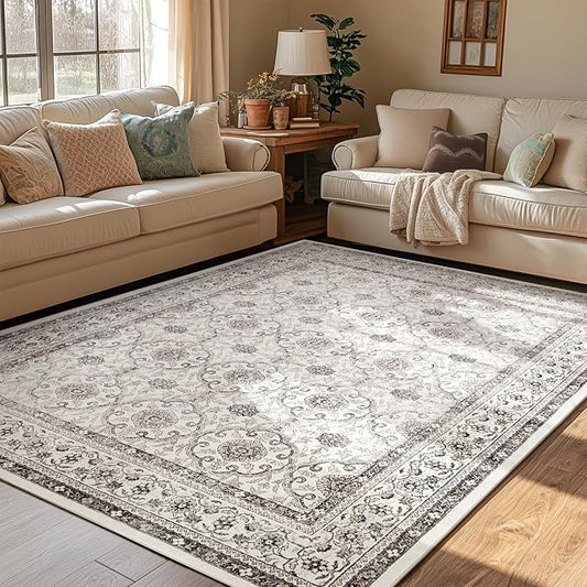 jinchan Floral 5x7 Area Rugs for Bedroom - Machine Washable Vintage Distressed Boho Design Throw Rug Stain Resistant Carpet Low-Pile Thin Non-Slip for Nursery Living Room Dining Room (5‘x7',Beige)-CubbioJoy