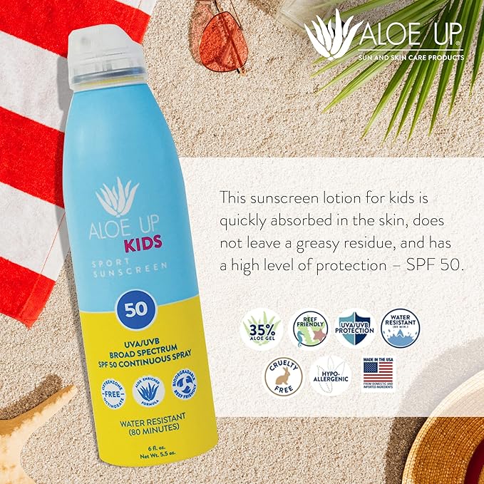 Aloe Up Kids Continuous Sport Sunscreen Spray SPF 50 - Broad Spectrum Sheer Face and Body Sunscreen Protector for Sensitive Skin - With Aloe Vera Gel - Dries Fast - Reef Safe - Fragrance-Free - 5.5 Oz-CubbioJoy