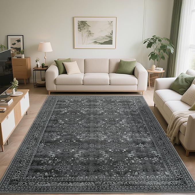 5x7 Machine Washable Area Rug for Living Room Bedroom, Vintage Kitchen Rugs Non Slip, Traditional Indoor Floor Floral Print Carpet for Dining Room, Farmhouse, Office Classroom Black/Gray-CubbioJoy
