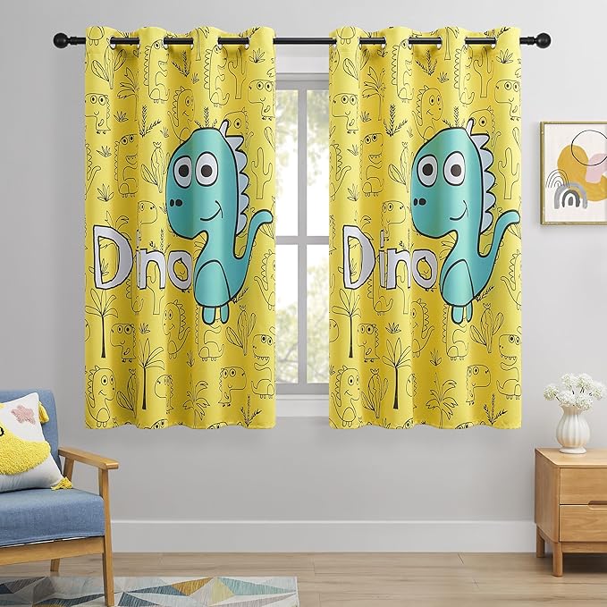 Dinosaur Blackout Curtains for Kids Room - 2 Panels, Each W52×L63, 100% Blackout, Thermal Insulated, Noise Reducing, Perfect for Kids Room and Nersury-CubbioJoy