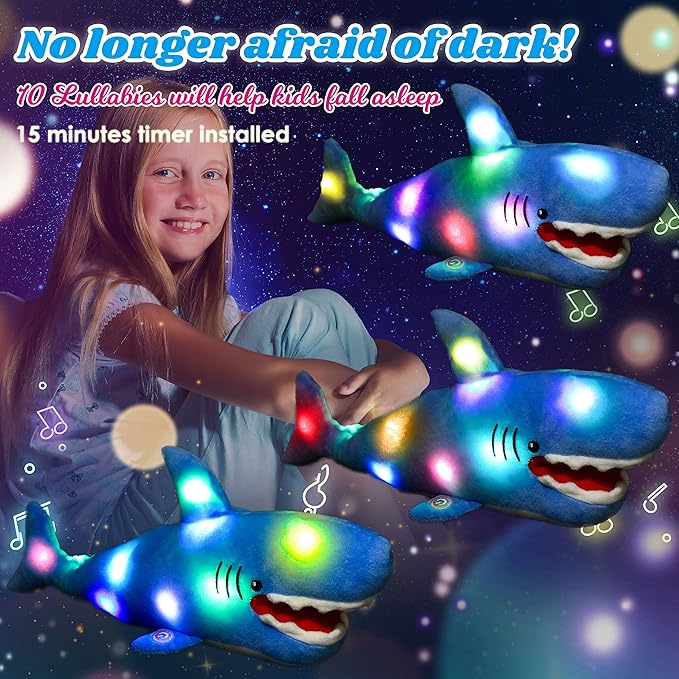 Cuteoy Light-up Singing Plush Shark LED Musical Stuffed Animal Adjustable Volume Lullaby Plushies Birthday Christmas Toy Gifts for Kids Toddler Girls, 13"-CubbioJoy