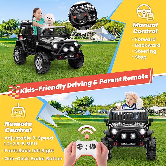 24V 4WD Ride on Truck Car w/800W Motors, Gift Flower, Remote Control, 2 Seaters, Light Bar, 3 Speeds, Pop Music, Power Four Wheels, 24 Volt Ride on Toy Car for Big Kids, Black-CubbioJoy