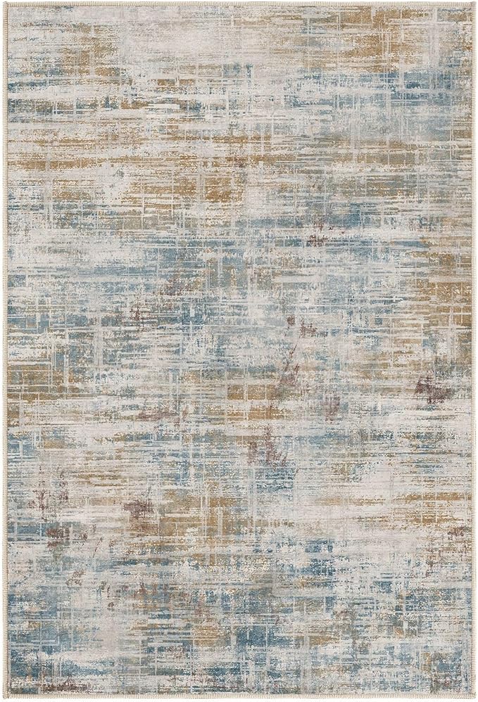 2x3 Entryway Area Rugs: Washable Neutral Abstract Small Rug Door Mat Non-Slip Soft Low Pile Indoor Carpe for Entrance Kitchen Front Door Bathroom Entry Kids Room - Blue Brown-CubbioJoy