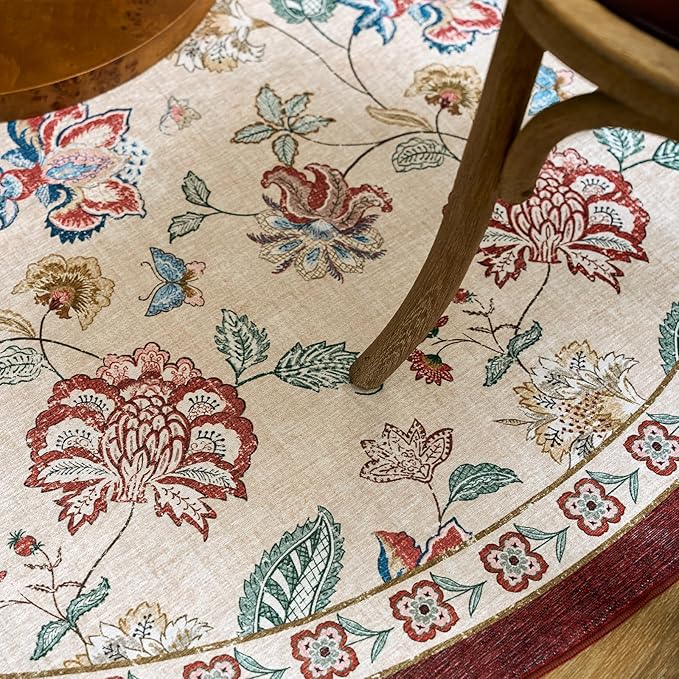 jinchan 7ft Floral Round Rug for Dining Room Washable Living Room Rug Vintage Romance Design Non Slip Indoor Floor Cover Lightweight Low-Profile Throw Carpet for Bedroom Porch Patio, Red/Beige-CubbioJoy