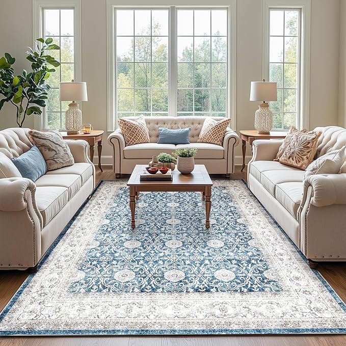 jinchan Floral 8x10 Area Rugs for Living Room Machine Washable Vintage Distressed Boho Design Throw Rug Stain Resistant Carpet Low-Pile Thin Non-Slip for Bedroom Dining Room Nursery (8‘x10',Dark Blue)-CubbioJoy
