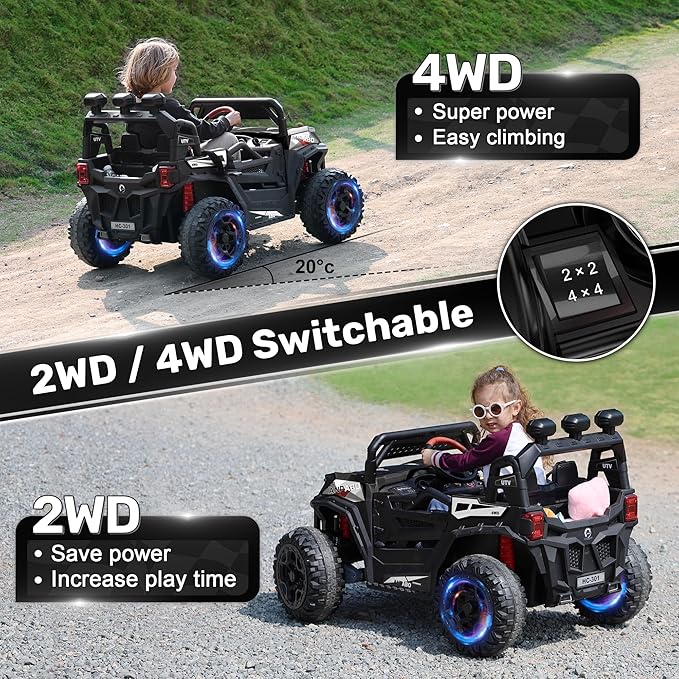 ANPABO 24V 4X4 Ride on Car Truck w/Remote Control, 4WD/2WD Switchable Kids UTV, 19" Spacious Seat, 4 Shock Absorbers, Soft Start, Music Player, Electric Car for Kids Ages 3+(Black-CubbioJoy
