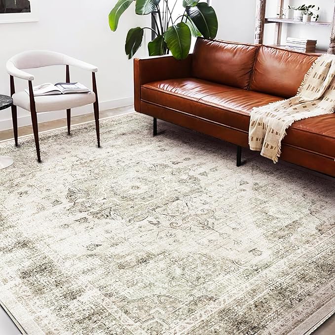 Area Rug 6'x9' Washable Vintage Floral Khaki Traditional Floor Cover Thin Retro Kitchen Indoor Distressed Non Slip Carpet for Living Room Bedroom Dining Room-CubbioJoy