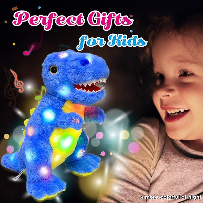 Cuteoy Light-up Singing Plush Blue Dinosaur LED Musical Stuffed Animal T-Rex Adjustable Volume Lullaby Plushies Birthday Christmas Toy Gifts for Kids Toddler Girls, 12"-CubbioJoy