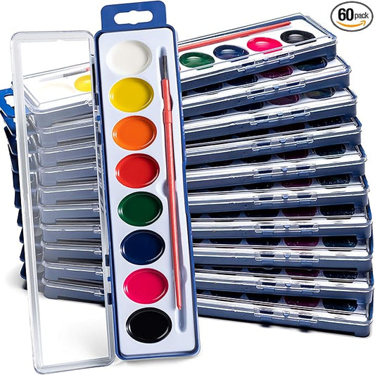 Bedwina Watercolor Paint Set- Bulk of 60 Sets - 8 Water Color Washable Paints, Palette Tray and Painting Brush, for Art Schools and Paint Party Supplies-CubbioJoy