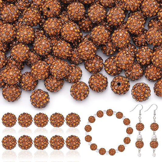 200pcs 10mm Rhinestone Beads for Jewelry Making, Brown Shiny Round Disco Ball Beads Bulk, Sparkle Crystal Clay Christmas for Bracelet Baseball Necklace Earring Crafting and DIY-CubbioJoy