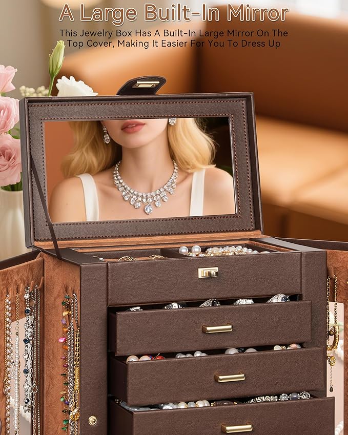 AKOZLIN 360° Rotating Jewelry Box 6-Tier Organizer Functional Jewelry Storage Case for Women Girls Ring Necklace Earring Bracelet Holder with Mirror Brown-CubbioJoy