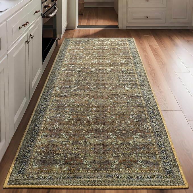 2x6 Washable Kitchen Runner Rug for Hallways, Non Slip Laundry Runners for Bathroom, Low Pile Rubber Backed Rugs for Entryway, Vintage Floral Carpet for Living Room Bedroom Brown/Yellow-CubbioJoy
