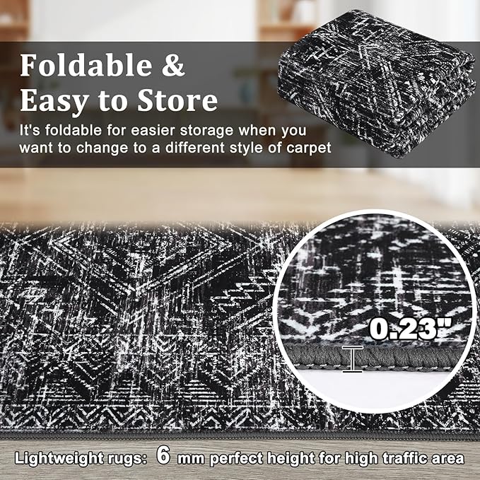 COZYLOOM Rug Runners 2x8 Washable for Hallway Vintage Non Slip Area Rug Geometric Soft Throw Rugs Low Pile Stain Resistant Carpet for Office Dining Room Living Room, Black-CubbioJoy