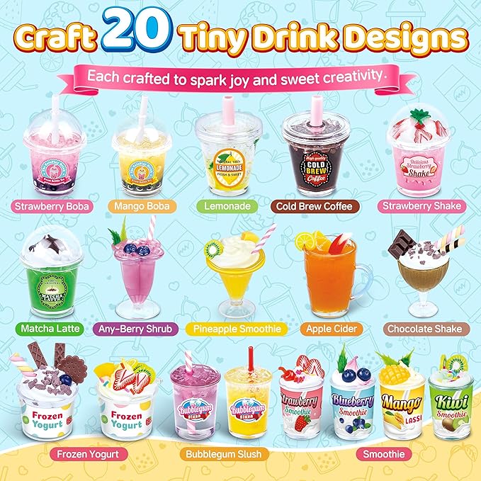 20 PCS Miniature Drink Marker Kit, Miniature Food Toys, Kitchen Pretend Food DIY Crafts Kits for Kids Ages 8-12, Girls Gift for Christmas, Birthday, Collectors, Resin Play, NOT Edible-CubbioJoy
