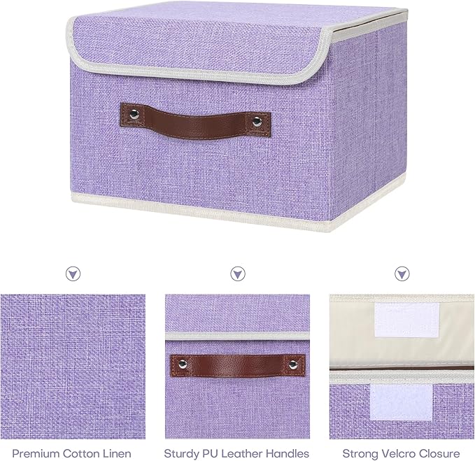 ANMINY 2PCS Storage Bins with Lid PU Leather Handles Storage Boxes PP Plastic Board Decorative Foldable Lidded Cotton Linen Fabric Home Cubes Baskets Closet Organizer Containers - Purple, Small Size-CubbioJoy